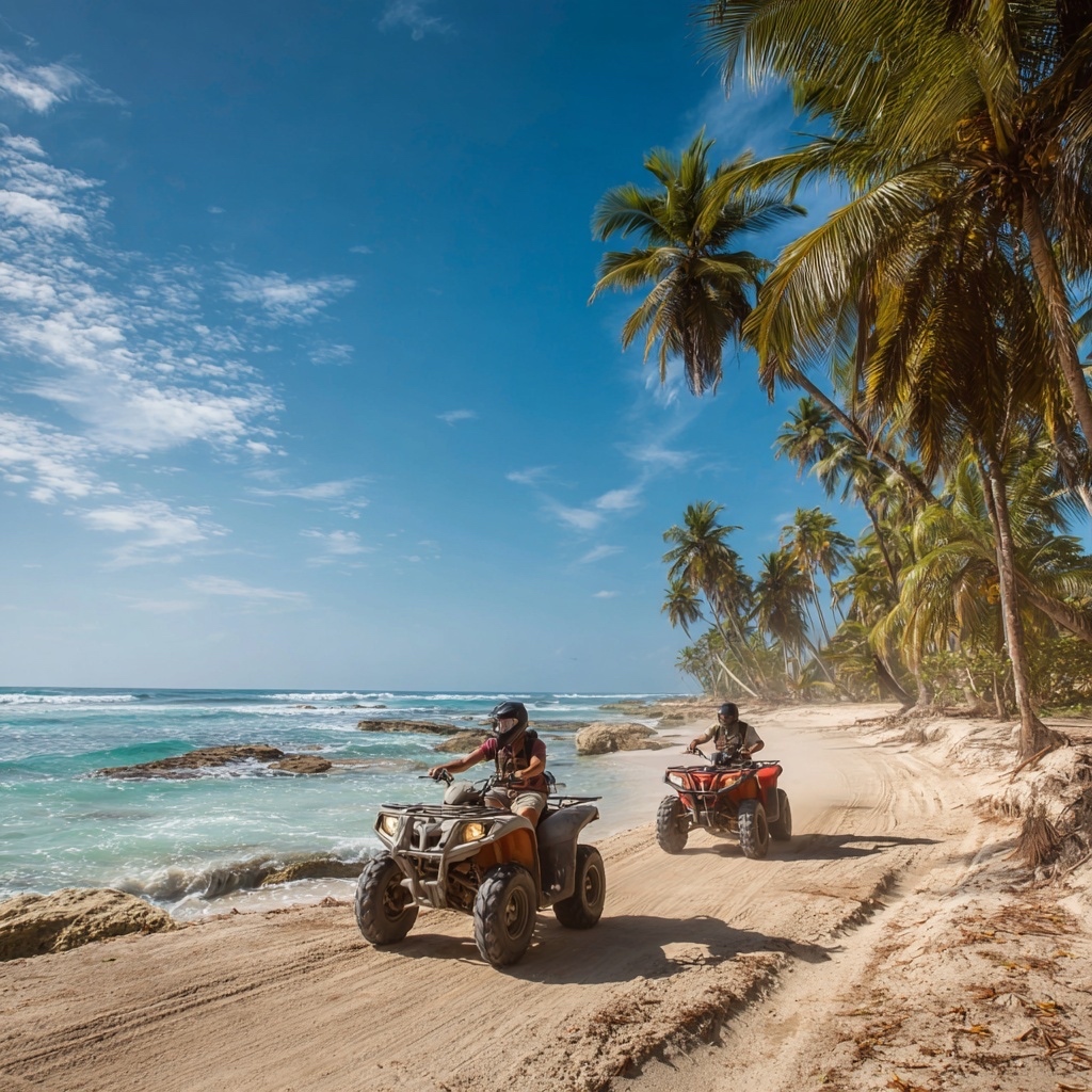 Two riders on ATVs crossing a Caribbean beach lined with palm trees.