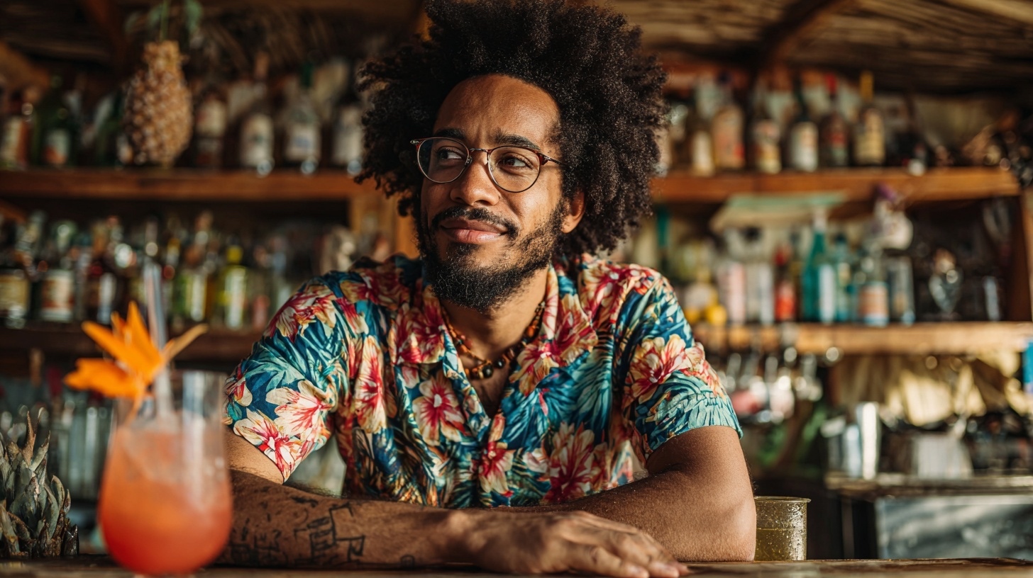 A bartender in a tropical shirt at an island bar with a colorful cocktail.
