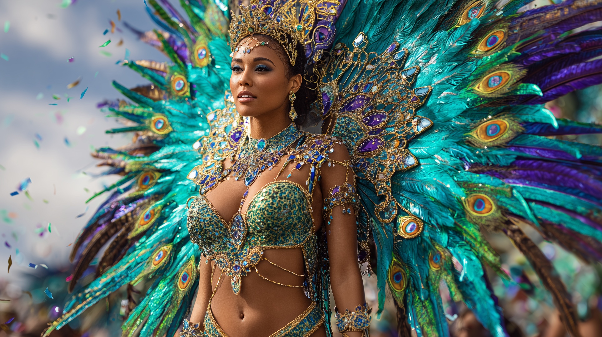 Caribbean Carnival revelers in feathered costumes celebrating during a fete.