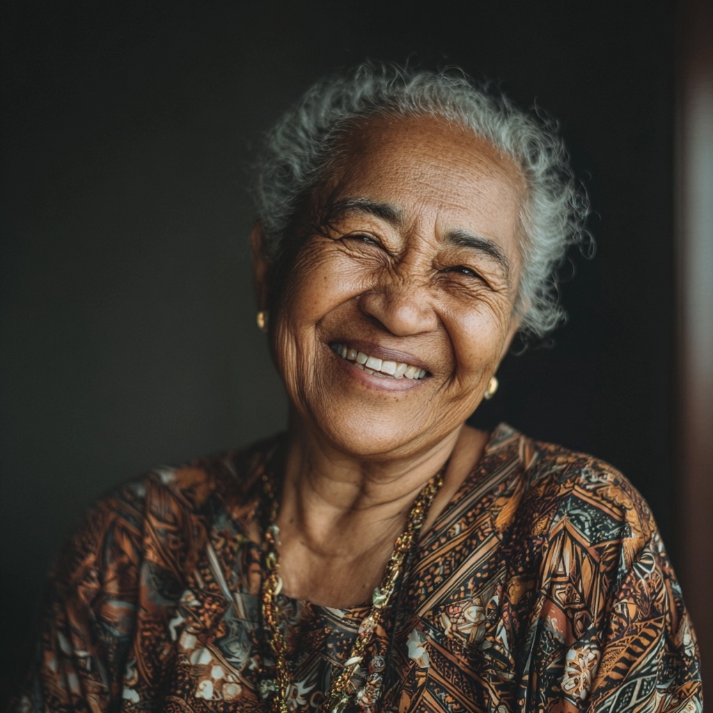 Documentary-style portrait of a smiling elder woman in patterned clothing.