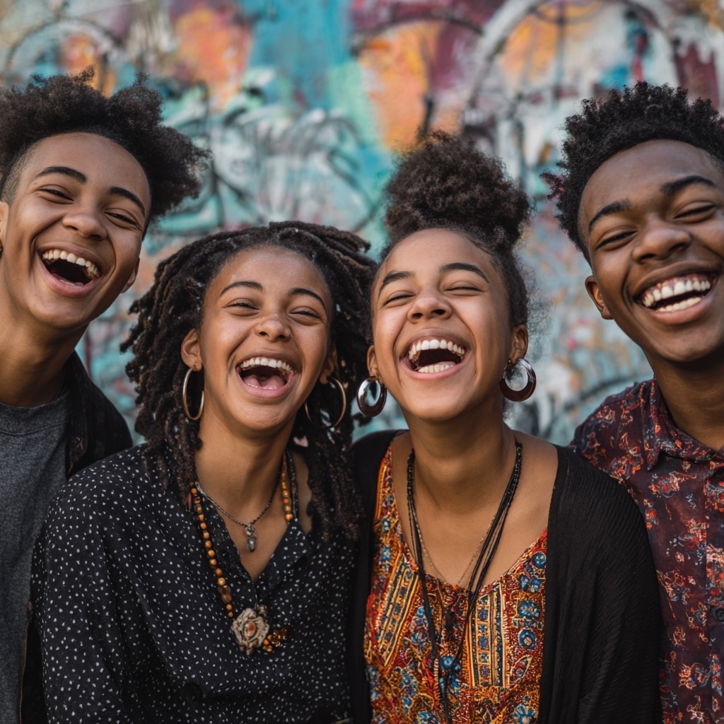 Four young friends laughing together in front of a graffiti wall.